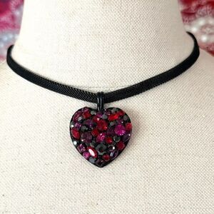 Red Pink Rhinestone Heart Pendant Black Mesh Choker Necklace
